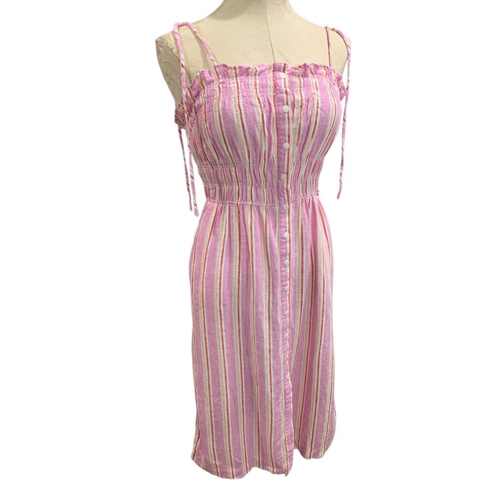 XS Universal Thread Linen Blend‎ Sundress Striped Pockets Tie Straps Midi
